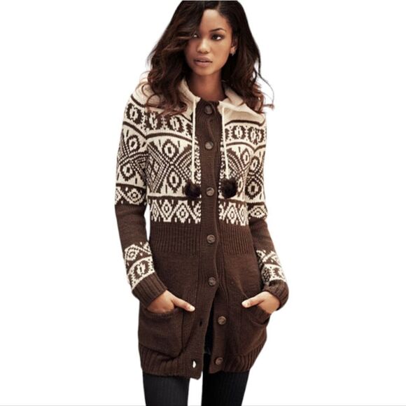 CHANEL IMAN x H&M brown fair isle nordic button up hooded cardigan sweater S - Picture 1 of 12